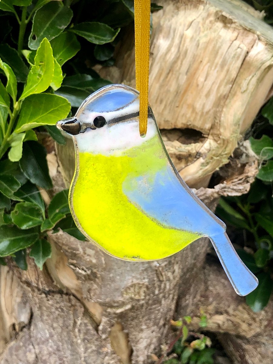 Handmade glass blue tit bird hanging decoration sun catcher 