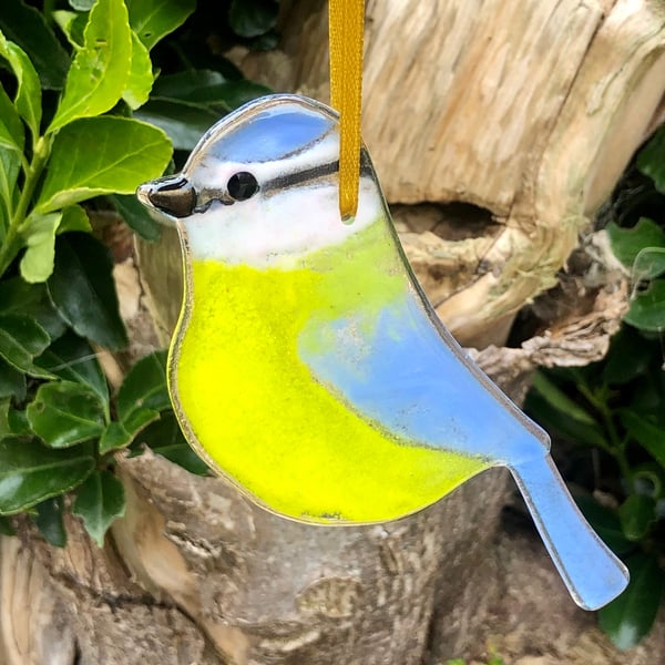 Handmade glass blue tit bird hanging decoration sun catcher 