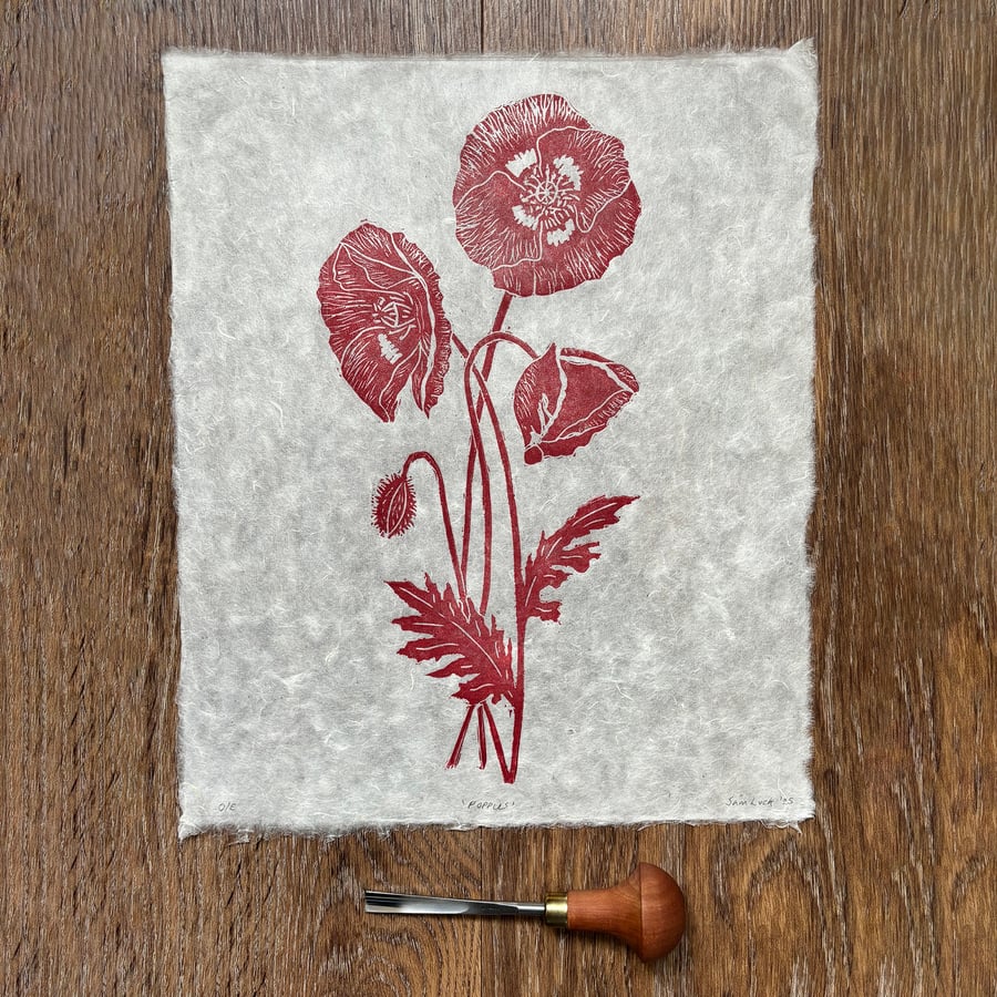 Wild poppies original linocut print in red