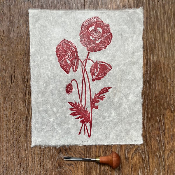 Wild poppies original linocut print in red