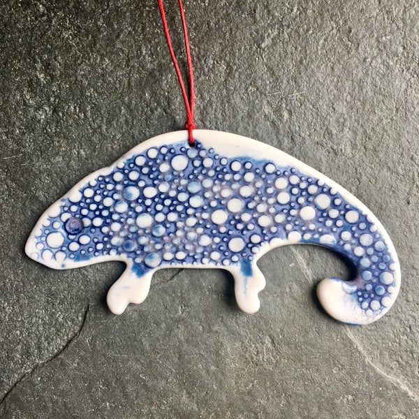 Porcelain chameleon Christmas decoration Indigo white The Porcelain Menagerie