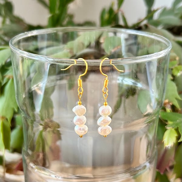 Freshwater pearls dangle earrings on gold plated hook - June birthstone