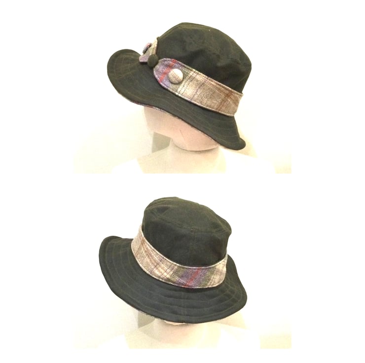 Waxed Cotton Bucket Hat Olive& Beige Check - Folksy