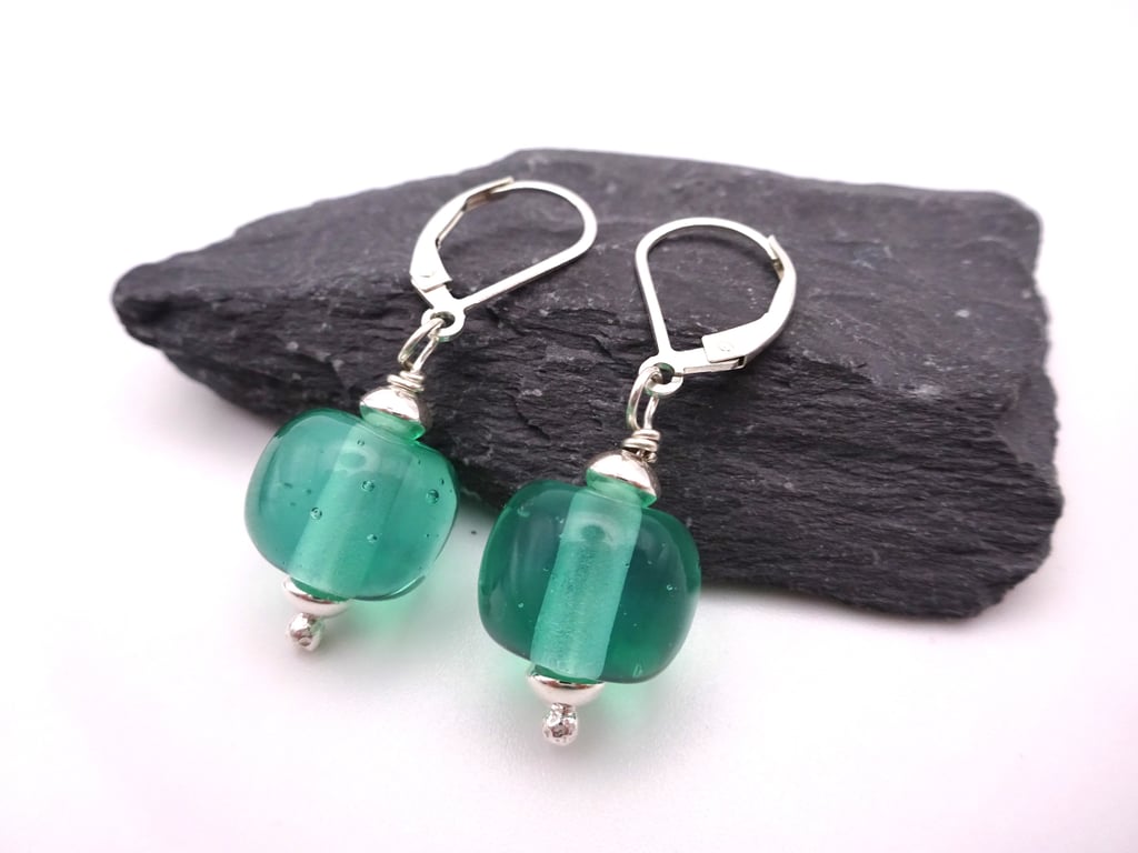 lampwork glass aqua green earrings