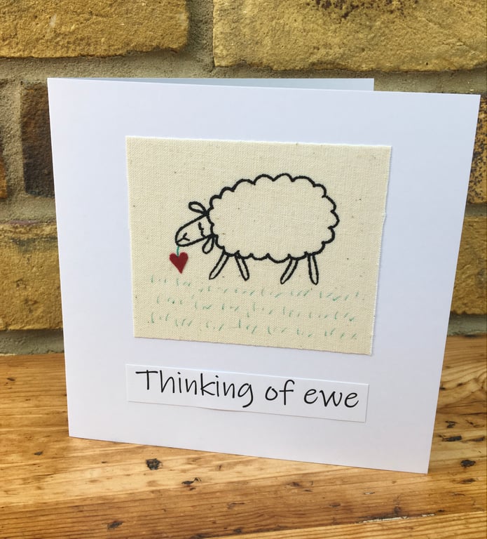 Thinking of you card, Friendship card, Handmade card with sheep & stitched heart
