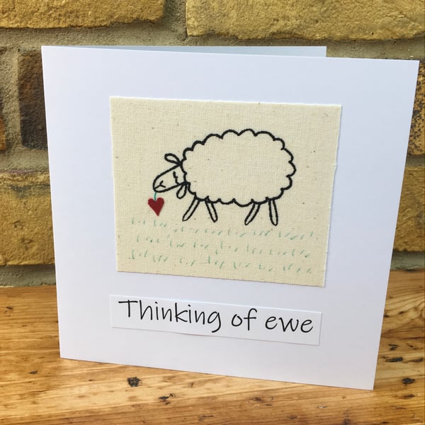 Thinking of you card, Friendship card, Handmade card with sheep & stitched heart