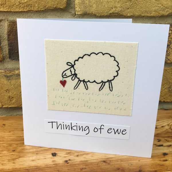 Thinking of you card, Handmade & stitched card, Thinking of ewe, Sheep card