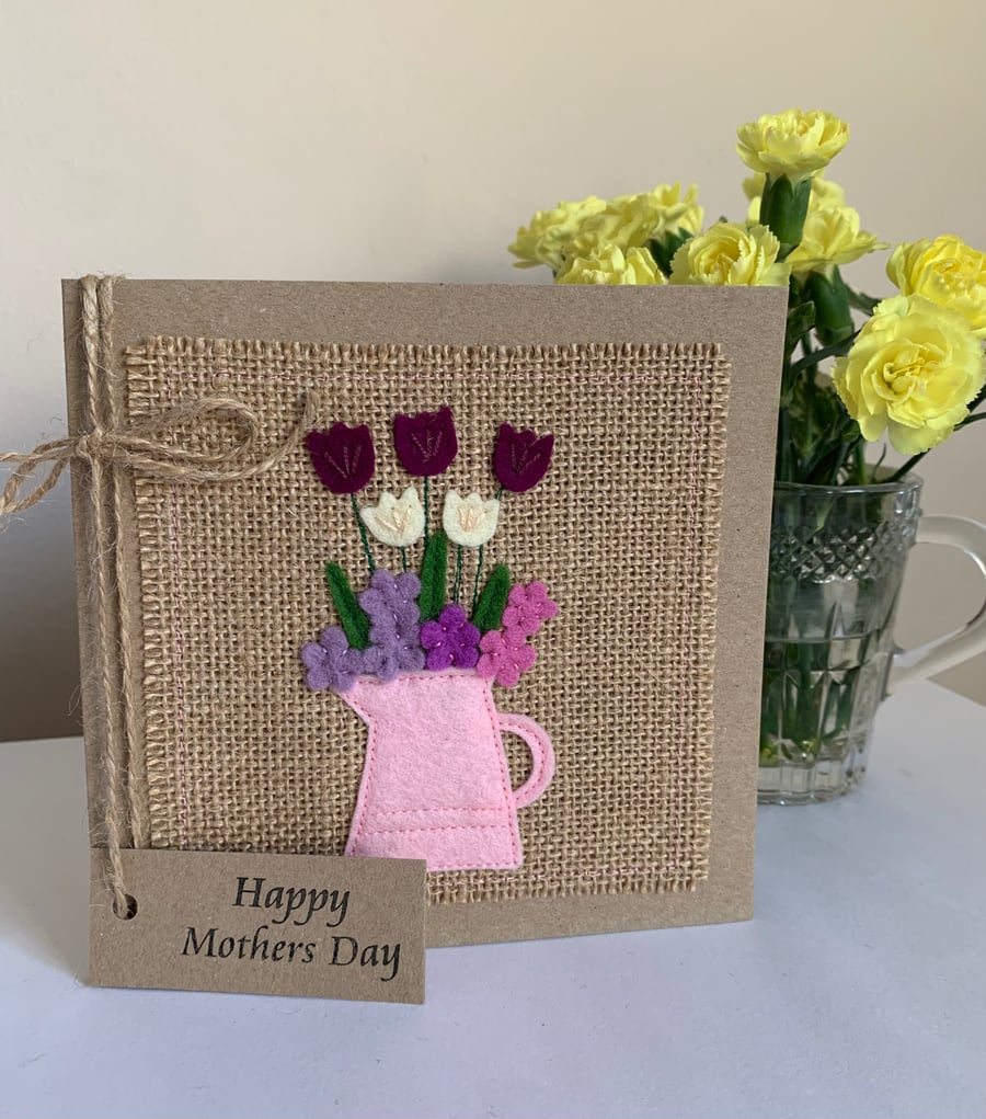 Mother’s Day Card. Pink jug with colourful flowers. Wool felt. Handmade Card.
