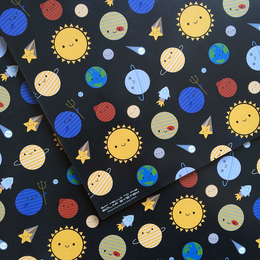 5 sheets of Gift Wrap - Solar System Kawaii Planets 