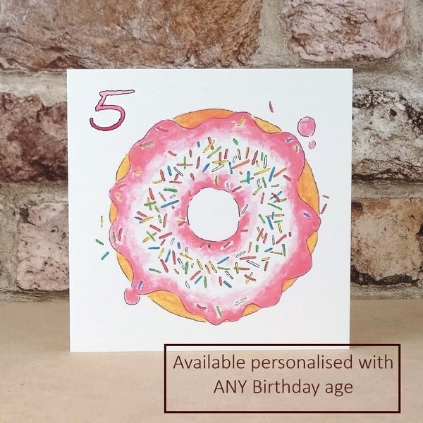 Birthday Card Pink doughnut - Personalised with any age Eco Friendly