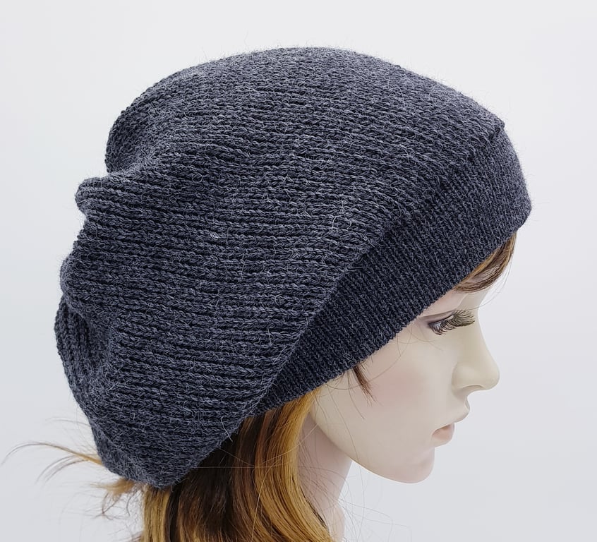 Knitted baggy beret, fall tam, slouch hat for women, charcoal grey beanie