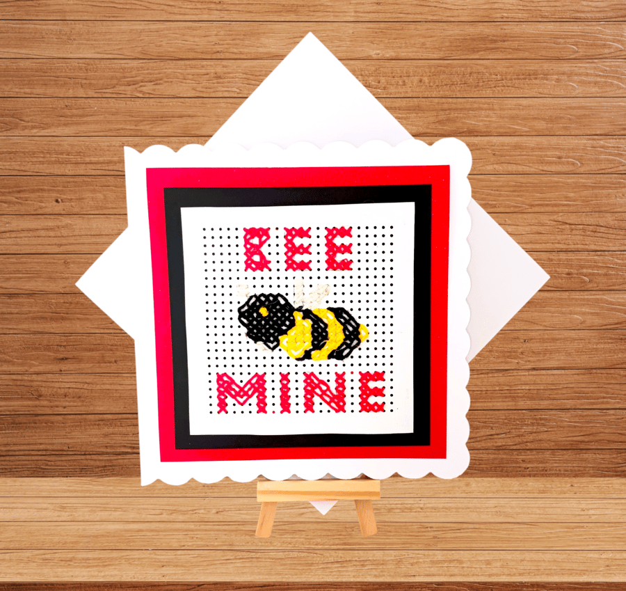 Unique hand made cross stitch Bee Mine Valentine's day card