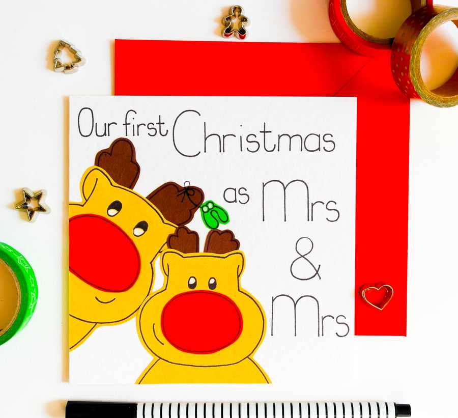 First Christmas As A Mrs and Mrs Reindeer Handmade Christmas Card, Lesbian Xmas 