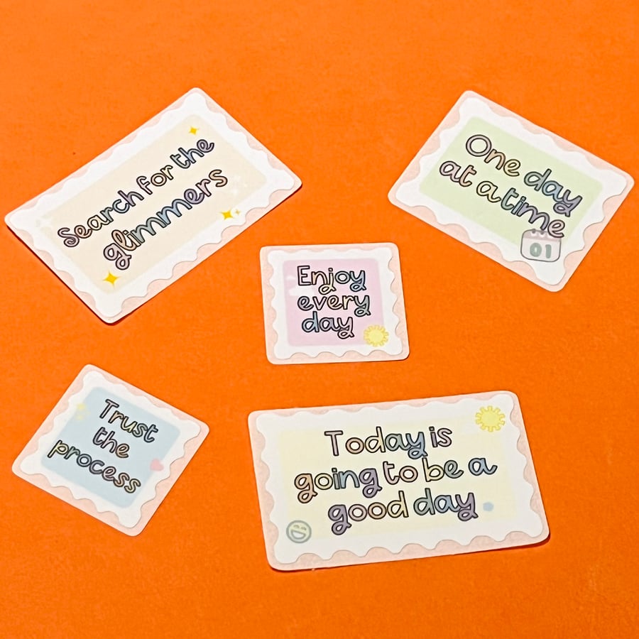 Positivity stickers, set of 5. Vinyl die-cut, easy-peel laminated sticker set