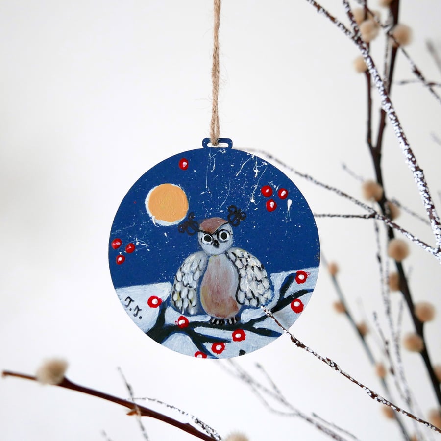 Owl Christmas Decoration, Hand-painted Bauble, Blue Hanging Ornament