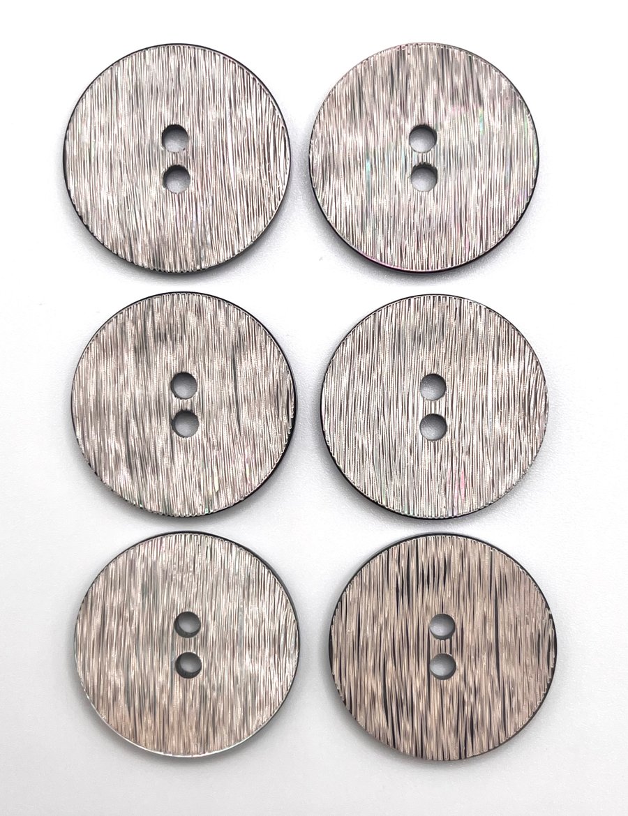 6 Shell Buttons, 23mm Wide Metallic Lined Effect, Shades of Grey, Italian Design