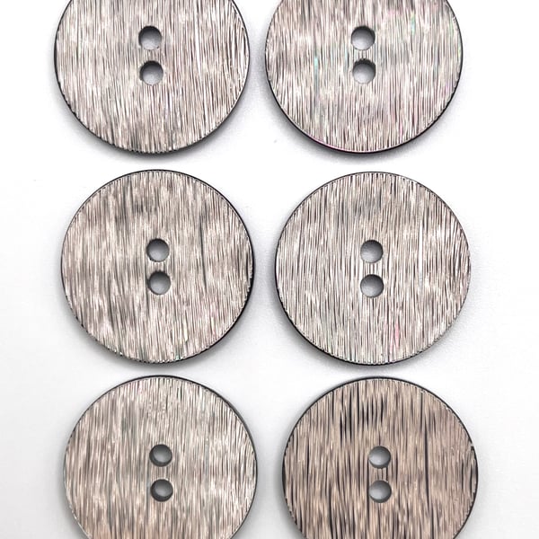 6 Shell Buttons, 23mm Wide Metallic Lined Effect, Shades of Grey, Italian Design