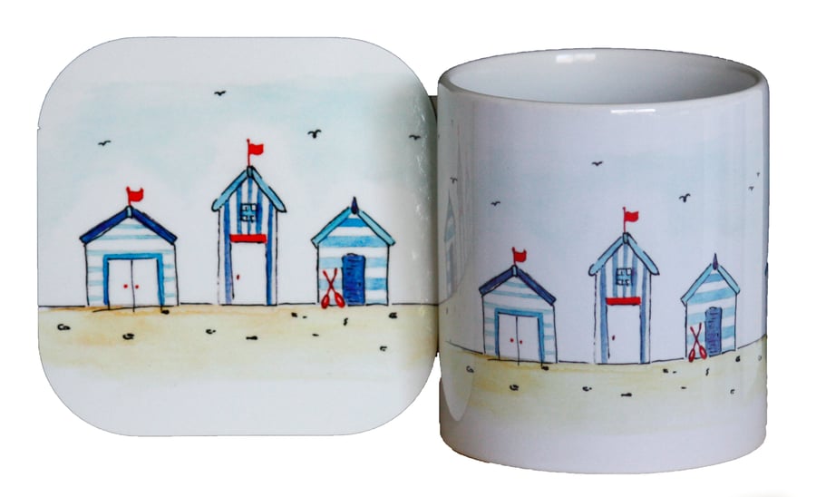 Beach Huts illustrated Mug and Coaster Gift set from original drawings