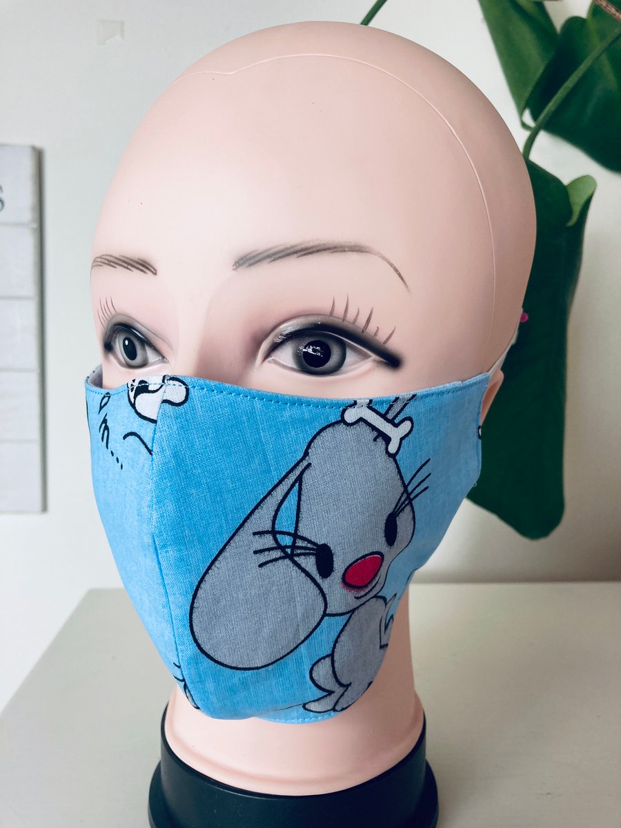 Handmade 3 layers blue,grey dog reusable adult face mask.