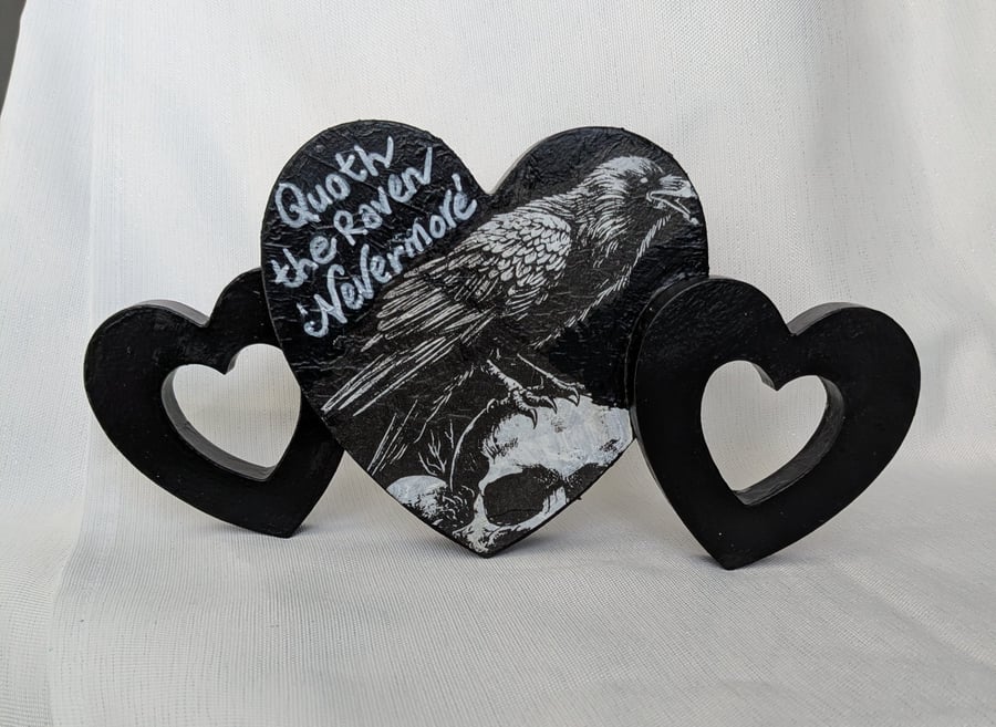 Raven and skull ornament, Quoth the Raven 'Nevermore' Edgar Allan Poe quote