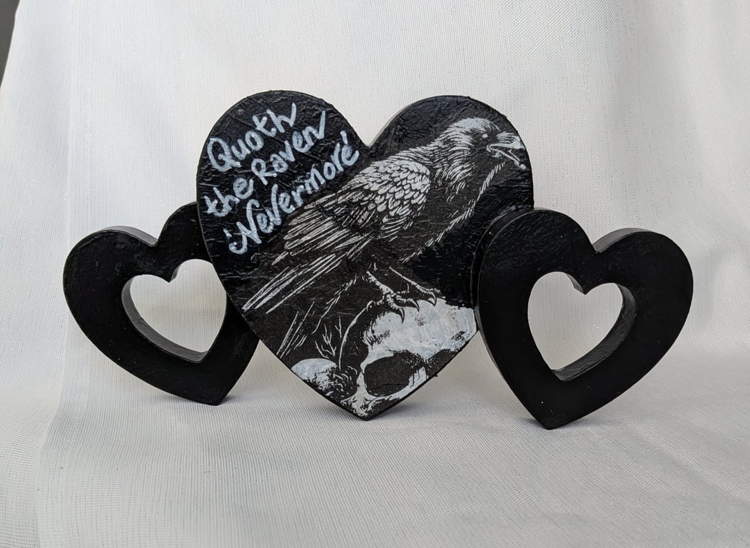 Raven and skull ornament, Quoth the Raven 'Nevermore' Edgar Allan Poe quote