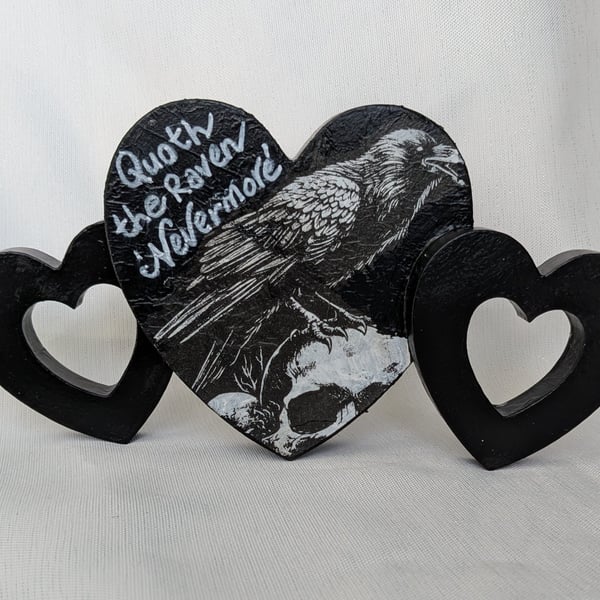 Raven and skull ornament, Quoth the Raven 'Nevermore' Edgar Allan Poe quote