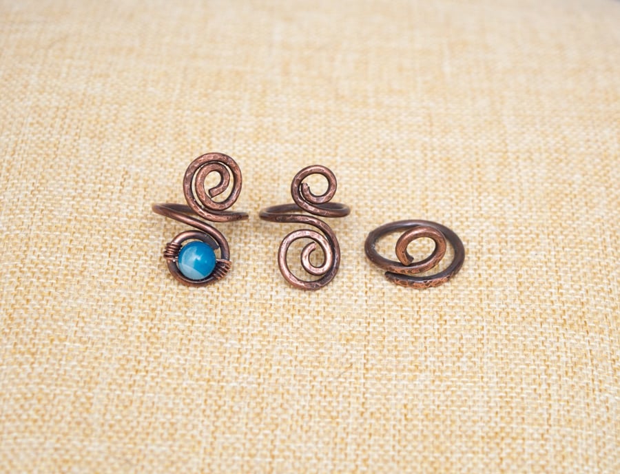 Handmade Antique Copper Spiral Ring Set – Boho Wire Wrapped Statement Rings
