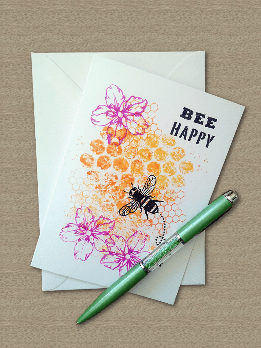 Bee Happy, pack of 2 notecards, bees, honeycomb, blank cards, POSTAGE INCLUDED