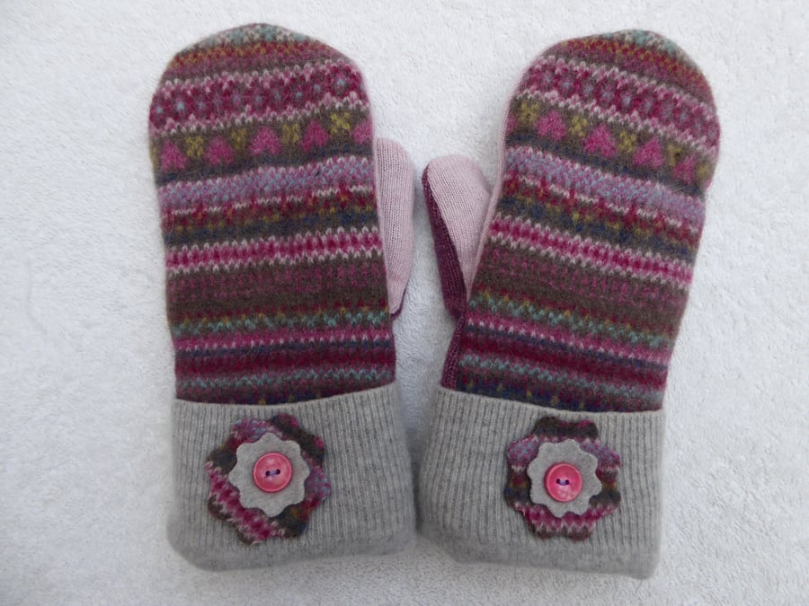 Mittens Created from Up-cycled Wool Jumpers. Fully Lined. Pink Fair Isle