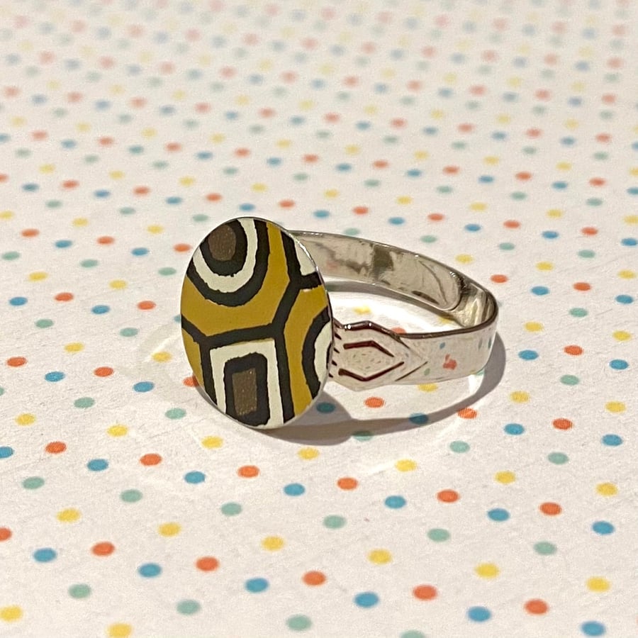 Recycled vintage tin ochre patterned disc circle adjustable ring