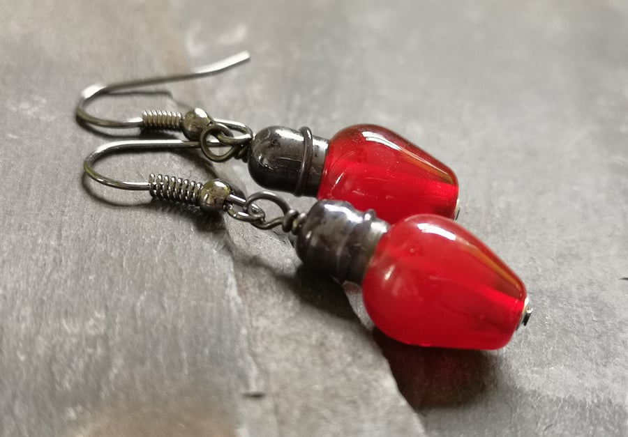 Red fairy light Christmas earrings, lamp work beads