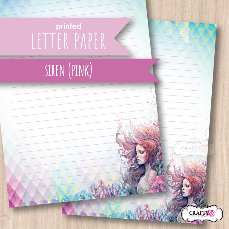 Letter Writing Paper - Mermaid Siren in pink, 10 sheets