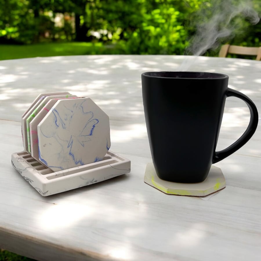 Octagonal Coaster Set with a Holder - Six Colourful Drinks Mats and Caddy (OCS1)