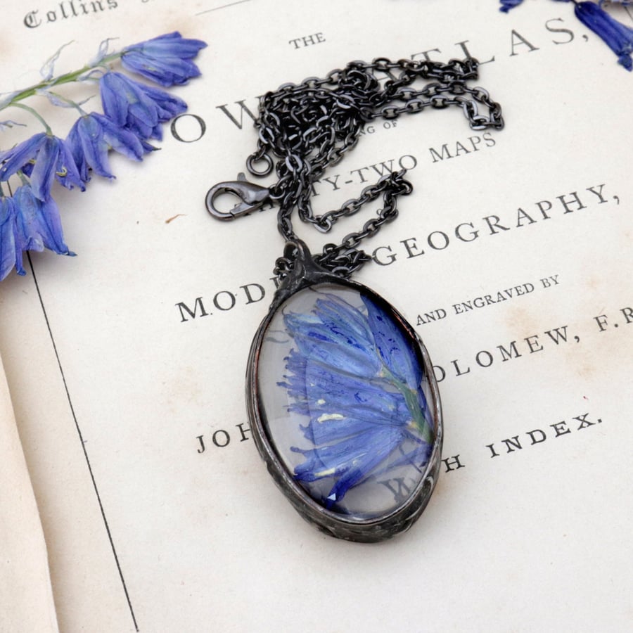 Real bluebell necklace, oval terrarium botanical necklace real pressed bluebell