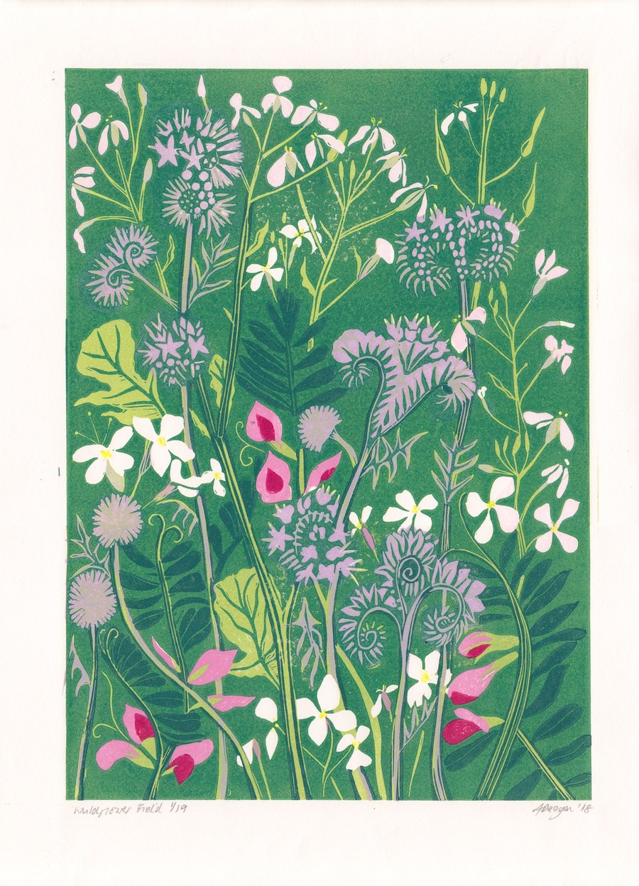 Original lino cut print WILDFLOWER FIELD wild flowers meadow blooms wall art