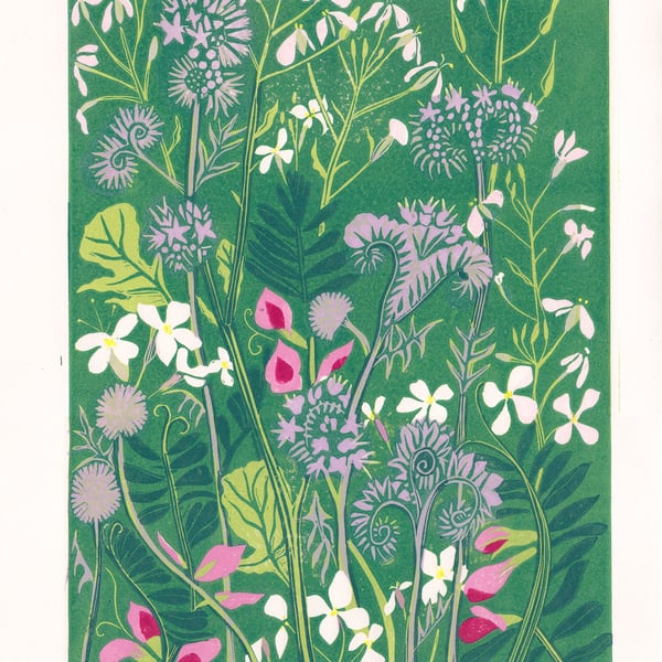 Original lino cut print WILDFLOWER FIELD wild flowers meadow blooms wall art