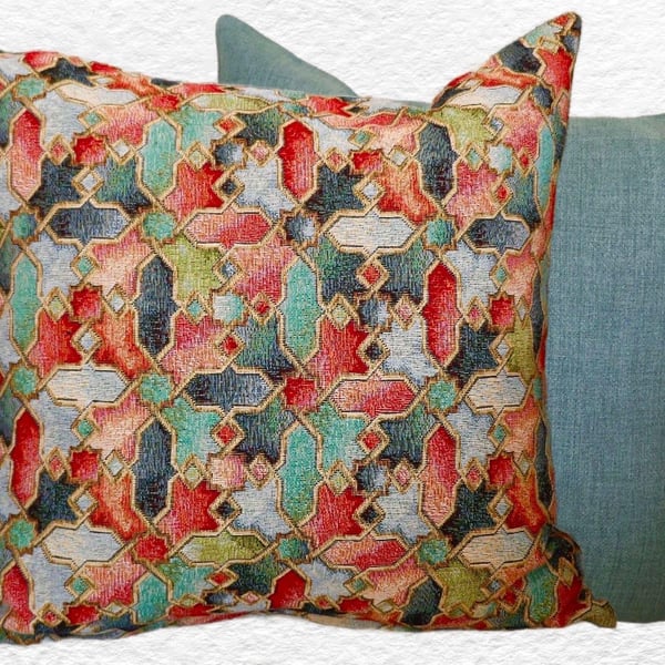 Cushion Cover: Tapestry Abstract design Duck Egg Blue reverse 17”(43cm)