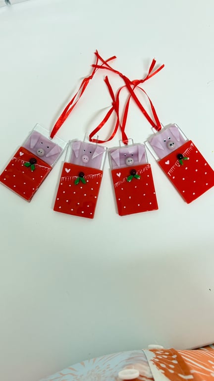 Pigs in blankets , fused glass Christmas decoration 
