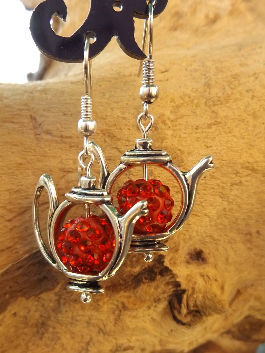 Silver teapot charm dangle earrings with red diamante