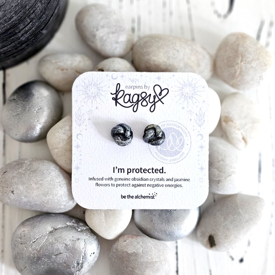 Black Protection Knot Earring Infused with Obsidian and Jasmine ER1-PBK2