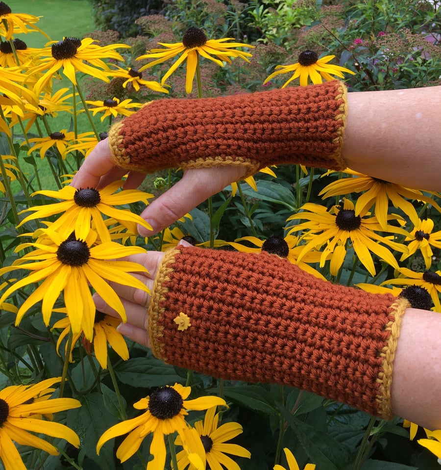 Maple Leaf Gloves, Autumn Crochet Brown Wrist Warmers