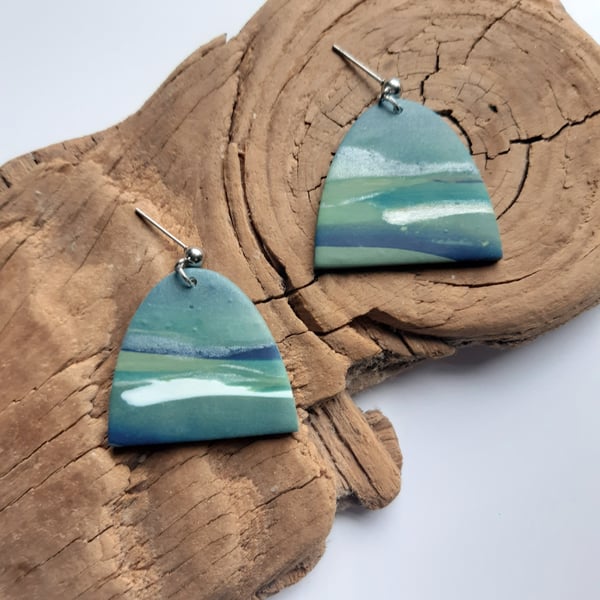 Seascape earrings, Arches, Polymer clay dangles, Blue green earrings, Abstract 