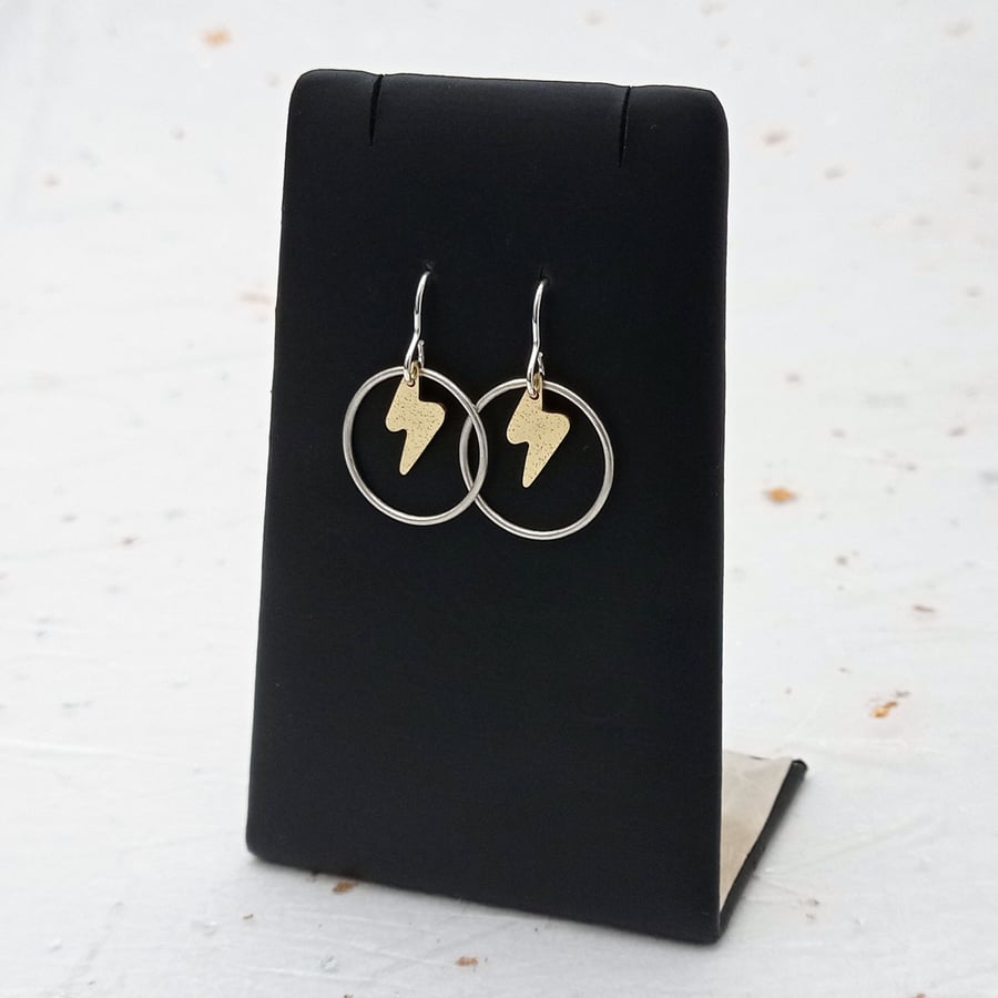 Recycled sterling silver wire and brass drop earrings – lightning bolt earrings 