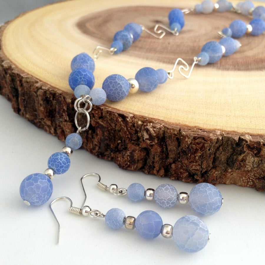 Blue Frosted Agate Necklace And Earrings Set