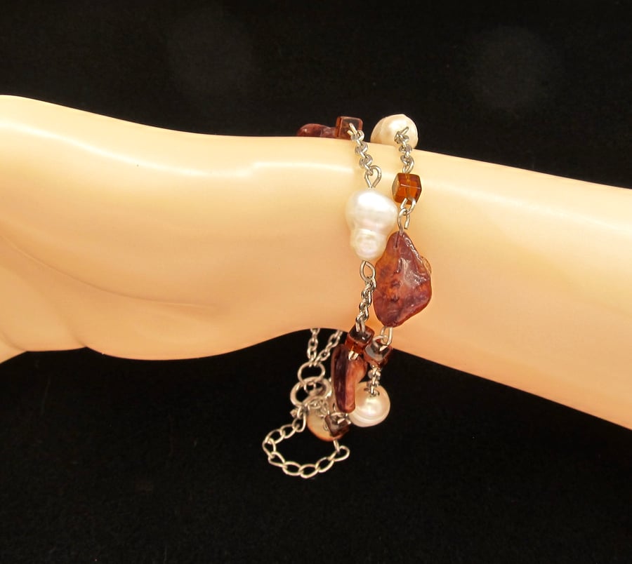 Mother of Pearl Bracelet, Chocolate Coloured Nuggets with White Potato Pearls