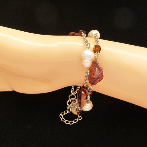 Mother of Pearl Bracelet, Chocolate Coloured Nuggets with White Potato Pearls