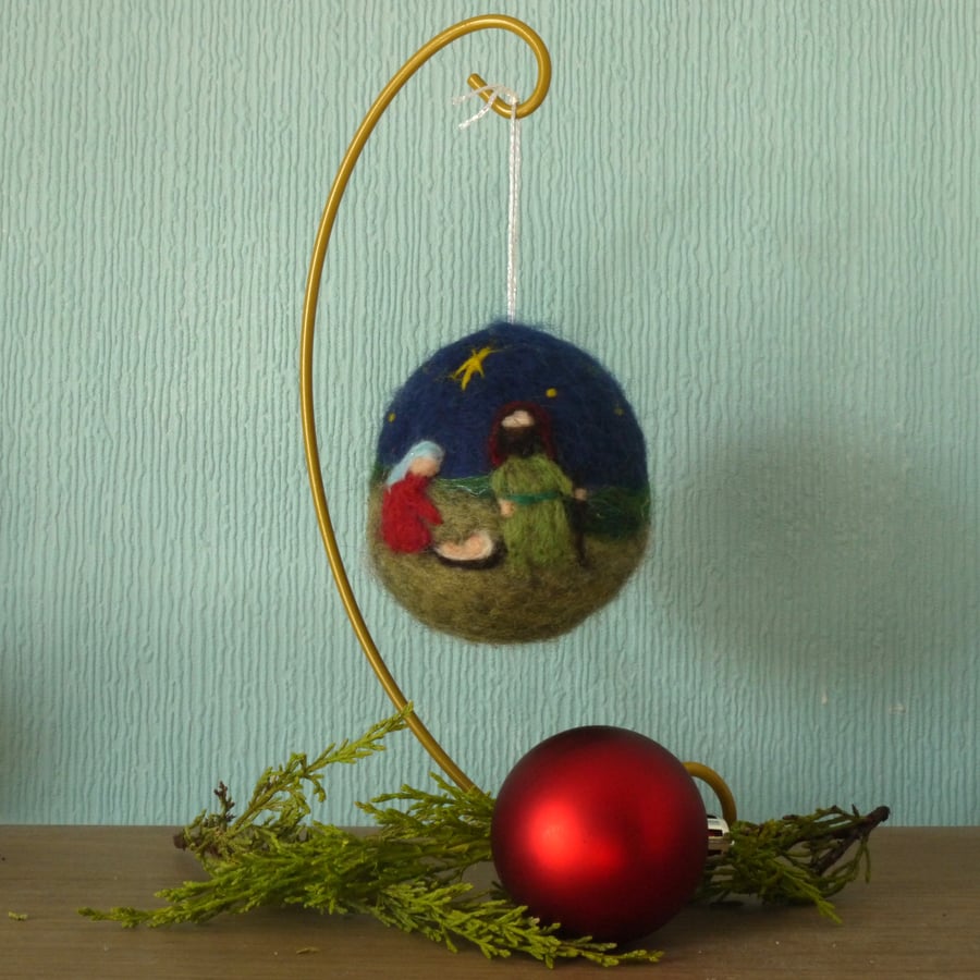Needle felted Nativity christmas baubel with gold stand