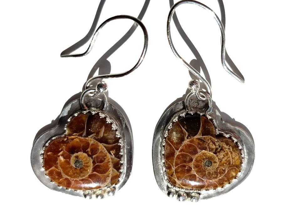 Ammonite Earrings Fossil Hearts Sterling Silver Jewellery Gift Drop Dangle