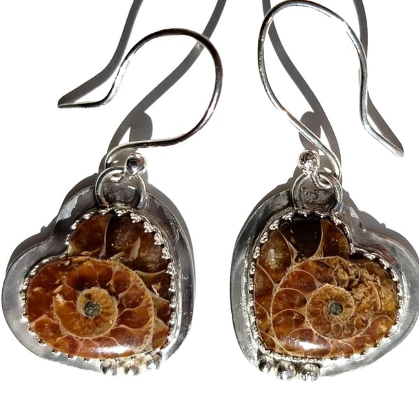 Ammonite Earrings Fossil Hearts Sterling Silver Jewellery Gift Drop Dangle