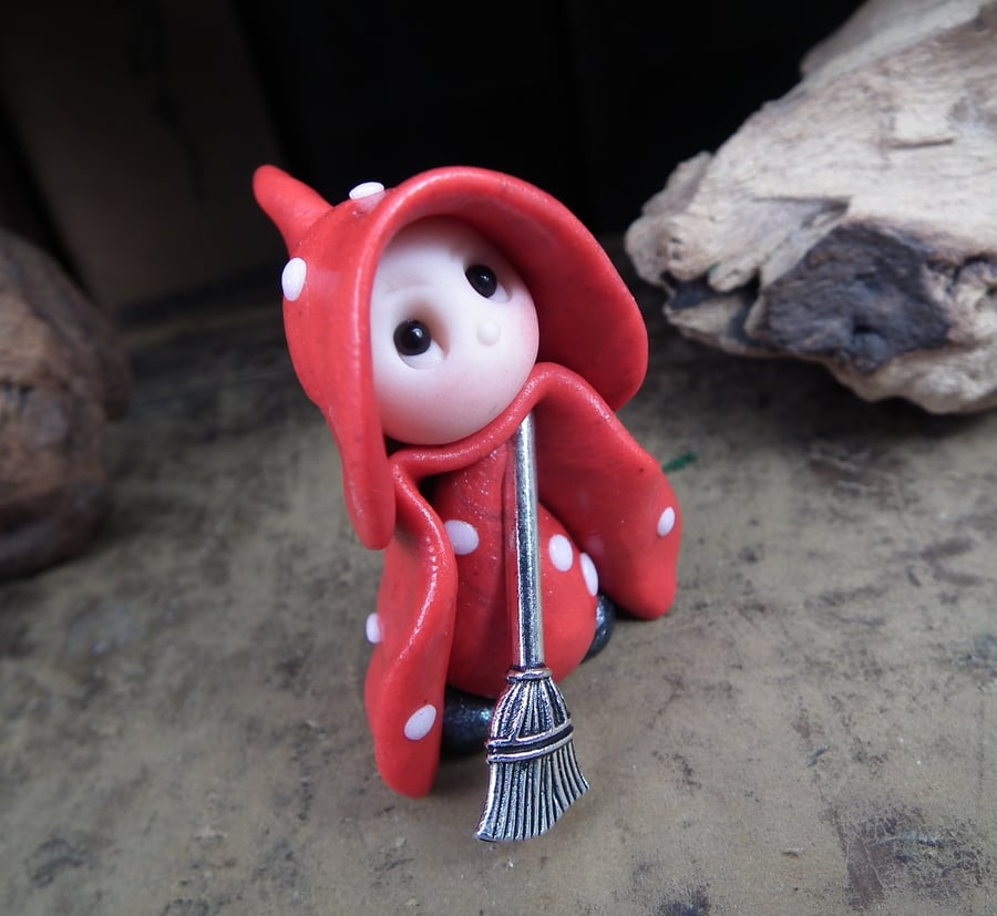 Tiny Toadstool Gnome with fly agaric robes 'Enid' OOAK Sculpt by Ann Galvin